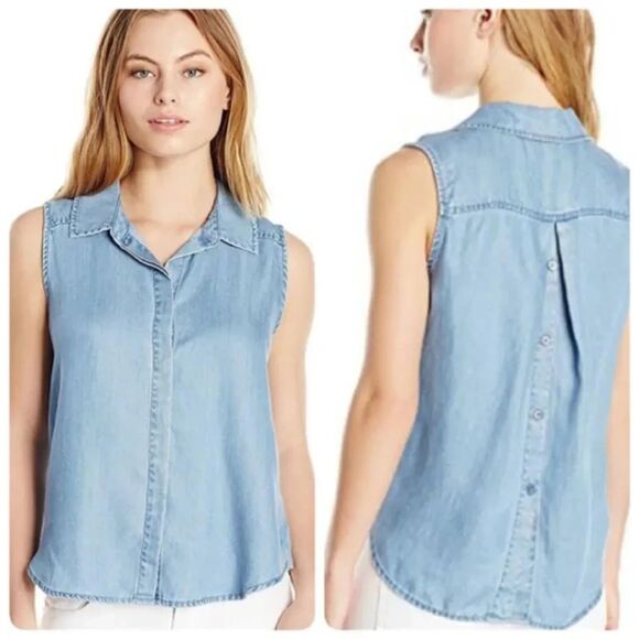 NYDJ Womens Vara Indigo PM Blue Tencel Chambray Button Back Sleeveless Top - Picture 1 of 8